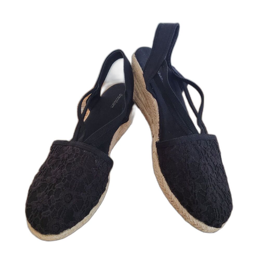 Dressbarn Taylor Black Lace Jute Heel Espadrille Wedge Sandals Size 8